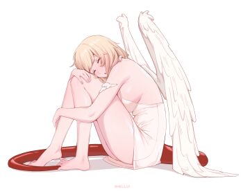 1girl :o absurdres artist_name barefoot blonde_hair breasts closed_eyes commentary dragon_tail dungeon_meshi falin_touden falin_touden_(chimera) falin_touden_(tallman) feathered_wings highres hugging_own_legs large_breasts medium_hair nightgown shellvi sideboob sitting solo tail white_background white_nightgown wings