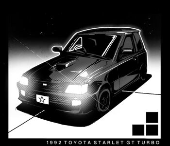 black_border border car greyscale highres monochrome motor_vehicle no_humans original outline toyota toyota_starlet vehicle_focus vehicle_name xkl3001