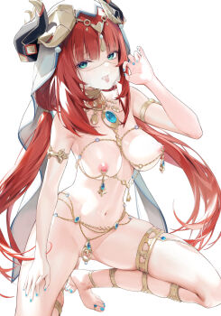 1girl anklet aqua_eyes arm_up armlet barefoot belly_chain blue_gem blue_nails blush body_jewelry breasts breasts_apart brooch circlet commentary convenient_censoring fake_horns feet fellatio_gesture full_body gem genshin_impact haku89 hand_on_own_thigh highres horns invisible_floor jewelry kneeling large_breasts linked_piercing long_hair looking_at_viewer low_twintails mouth_veil nail_polish naked_jewelry neck_ring nilou_(genshin_impact) nipple_chain nipple_jewelry nipple_piercing nipples nude open_mouth paid_reward_available parted_bangs piercing pussy red_hair see-through_clothes see-through_veil simple_background smile solo symbol-only_commentary thighlet toe_ring toenail_polish toenails toes tongue tongue_out tongue_piercing twintails variant_set veil very_long_hair white_background white_veil