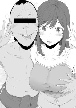Rule 34 | 1boy, 1girl, after kiss, bar censor, blush, breasts, censored, censored identity, commentary, dark-skinned male, dark skin, drooling, ichijou hotaru, implied after kiss, implied kiss, kiss, large breasts, looking at viewer, nervous, nervous smile, nervous sweating, non non biyori, outdoors, recording, river, saliva, saliva trail, smile, sweat, sweatdrop, taito0630, ugly bastard