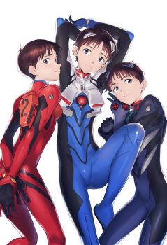 Rule 34 | 11kkr, 3boys, alternate costume, arms up, blue eyes, bodysuit, bracer, brown hair, bulge, closed mouth, commentary request, cosplay, covering ass, covering privates, crossdressing, crossdressing (mtf), embarrassed, highres, ikari shinji, interface headset (evangelion), light blush, looking at viewer, male focus, mecha pilot suit, multiple boys, nagisa kaworu, nagisa kaworu (cosplay), neon genesis evangelion, plugsuit (evangelion), red bodysuit, shiny clothes, short hair, simple background, skinny, souryuu asuka langley, souryuu asuka langley (cosplay), trap, white background