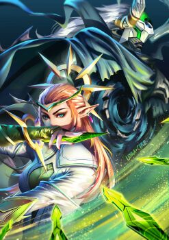 1boy 1girl blue_eyes bodysuit circlet cloak_(growth_&amp;_decay)_(marvel) cloak_(marvel) commentary dagger dagger_(growth_&amp;_decay)_(marvel) dagger_(marvel) dark-skinned_male dark_skin earrings english_commentary gloves gold_circlet gradient_background green_bodysuit green_gloves grey_background grey_cloak hair_slicked_back highres holding holding_dagger holding_knife holding_weapon horned_mask jewelry knife leira_cire long_hair looking_to_the_side marvel marvel_rivals mask multicolored_bodysuit official_alternate_costume pink_hair pink_nails pointy_ears upper_body weapon white_bodysuit white_hair