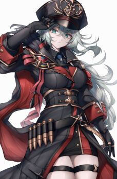 1girl ammunition_belt black_gloves black_survival breasts cape commission eternal_return:_black_survival expressionless gloves green_eyes grey_hair hair_between_eyes hat highres katja_(black_survival) long_hair long_sleeves looking_at_viewer medium_breasts military_uniform official_alternate_costume pixiv_commission snm_(sunimi) solo thigh_strap thighs