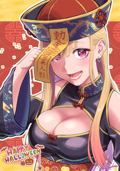 10ttruck 1girl alternate_costume barbell_piercing black_dress blonde_hair breasts china_dress chinese_clothes cleavage cleavage_cutout clothing_cutout commentary_request dress ear_piercing earrings hair_behind_ear halloween hand_up happy_halloween hat highres hoop_earrings jewelry jiangshi kitagawa_marin long_hair looking_at_viewer medium_breasts ofuda open_mouth piercing pink_hair shoulder_cutout signature solo sono_bisque_doll_wa_koi_wo_suru upper_body