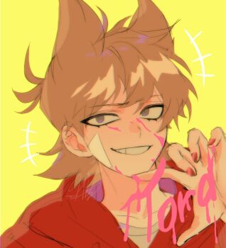 Rule 34 | +++, 1boy, androgynous, animification, antenna hair, bad id, bad twitter id, bishounen, blood, blood on face, brown hair, character name, commentary request, eddsworld, eyeliner, flipped hair, ggiriewqhkz12, grey eyes, grin, hair behind ear, hair between eyes, hair ears, hand up, hood, hood down, hoodie, korean commentary, looking at viewer, makeup, male focus, pink blood, portrait, red hoodie, red nails, shirt, short hair, signature, simple background, smile, solo, tord (eddsworld), white shirt, yellow background