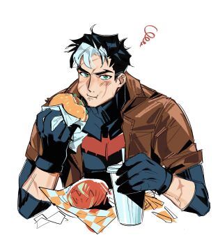 1boy bat_signal batman_(series) batman_symbol black_bodysuit black_gloves black_hair bodysuit brown_jacket dc_comics gloves grey_bodysuit highres jacket jason_todd male_focus mask multicolored_bodysuit multicolored_hair muscular muscular_male open_clothes pants red_hood_(dc) red_hood_and_the_outlaws ruru_hrk short_hair superhero_costume taut_bodysuit two-tone_bodysuit