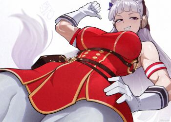 1girl animal_ears breasts commentary english_commentary gloves gold_ship_(umamusume) grey_hair highres horse_ears horse_girl mendo0821 muscular muscular_female purple_eyes solo umamusume white_background white_gloves