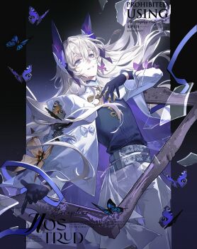 1boy absurdres belt blonde_hair blue_butterfly bow branch bug butterfly butterfly_hair_ornament cape commission eyelashes floating_hair glass_shards gloves grin hair_between_eyes hair_ornament hand_on_own_chest highres insect kunjiao long_hair long_sleeves male_focus mihuashi_commission multiple_belts original pants purple_butterfly purple_eyes shards sidelocks smile solo two-sided_cape two-sided_fabric watermark white_bow white_cape white_pants