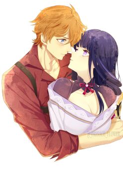1boy 1girl armor artist_name blue_eyes blue_pupils blunt_bangs braid breasts bridal_gauntlets cleavage closed_mouth clothing_cutout collarbone collared_shirt commentary couple curly_hair dappled_sunlight english_commentary friends from_side genshin_impact hair_between_eyes hair_ornament heads_together hetero highres hug hug_from_behind japanese_clothes kimono large_breasts leaning_back leaning_forward leaning_on_person light_blush long_braid long_hair looking_down looking_up multicolored_eyes multicolored_hair muscular muscular_male neck_ribbon off_shoulder orange_eyes parted_lips phlower_luna pink_lips purple_eyes purple_hair purple_kimono raiden_shogun red_ribbon red_shirt ribbon shade shirt short_hair shoulder_armor shoulder_cutout simple_background single_braid sleeves_rolled_up sunlight tartaglia_(genshin_impact) tree_shade upper_body watermark white_background wide-eyed