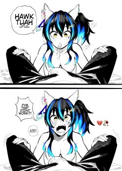 1boy 1girl animal_ears blue_hair colored_inner_hair daitaku_helios_(umamusume) flaccid hair_ornament hairclip hetero highres horse_ears horse_girl imminent_fellatio kunitoro_(artist) multicolored_hair umamusume yellow_eyes