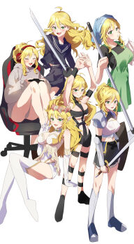 Rule 34 | 1girl, absurdres, ahoge, apron, armor, arms up, black sailor collar, black serafuku, black shirt, black skirt, blonde hair, blush, breasts, broom, chair, closed eyes, closed mouth, elbow gloves, full body, gaming chair, gloves, green apron, grey hoodie, head wreath, headphones, highres, holding, holding broom, holding shield, holding sword, holding weapon, hood, hoodie, hoshii miki, hot limit, idolmaster, idolmaster (classic), katsu (kana), long hair, long sleeves, looking at viewer, multiple views, no pants, no shoes, open mouth, pointy ears, ponytail, sailor collar, school uniform, serafuku, shield, shirt, short sleeves, simple background, sitting, skirt, smile, standing, swivel chair, sword, t.m.revolution, thighhighs, weapon, white background, white gloves, white thighhighs