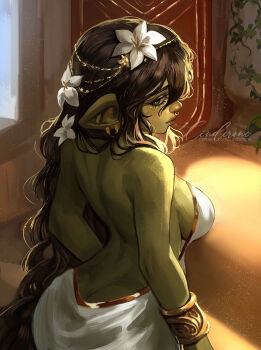 1girl artist_name ass bare_shoulders breasts brown_eyes brown_hair cinderone colored_skin dress earrings face_piercing female_goblin flower goblin green_skin hair_between_eyes hair_flower hair_ornament highres indoors jewelry large_breasts long_hair mitzy_(cinderone) nose_piercing original piercing pointy_ears solo white_dress white_flower window