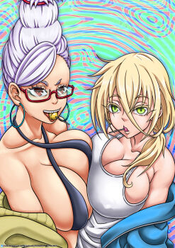 Rule 34 | 2girls, ayase seiko, breasts, crossover, dandadan, earrings, glasses, grace (kimi wa meido-sama), highres, hoop earrings, jewelry, kimi wa meido-sama, large breasts, long hair, multiple girls, season connection