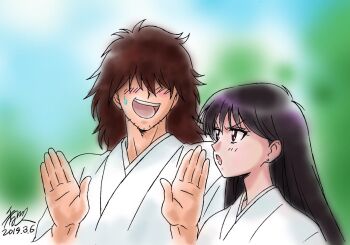 Rule 34 | 1boy, 1girl, 2019, angry, bishoujo senshi sailor moon, black hair, blush, brown hair, dated, earrings, embarrassed, facial hair, hair over eyes, hakama, hakama skirt, hands up, hino rei, japanese clothes, jewelry, kagawa hisashi, kumada yuuichirou, long hair, looking at another, open mouth, purple eyes, signature, skirt, smile, stubble, tagme, upper body