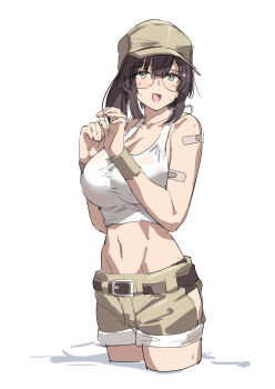 1girl absurdres bandaid bandaid_on_arm belt blush breasts brown_belt brown_hair brown_hat brown_shorts cleavage fio_germi glasses hat highres huanxiang_huifeng large_breasts looking_at_viewer metal_slug midriff navel open_mouth short_hair shorts simple_background solo thighs white_background yellow_eyes