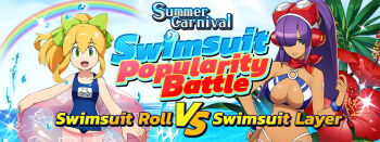 2girls bikini blonde_hair breasts capcom cleavage green_eyes large_breasts layer_(mega_man) long_hair multiple_girls official_art purple_hair mega_man_(series) swimsuit water