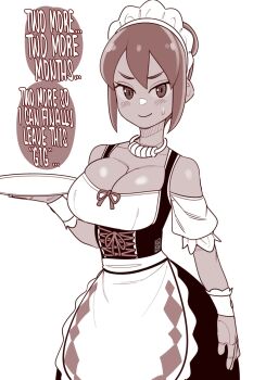 1girl apron blush breasts character_request copyright_request corset dark-skinned_female dark_skin ekz_(robotekz) english_text highres large_breasts maid monochrome monster_hunter_(series) monster_hunter_stories red_theme smile speech_bubble tray video_game white_background