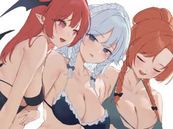 Rule 34 | 3girls, bat wings, bikini, blue eyes, braid, breasts, character request, cleavage, closed eyes, frilled bikini, frills, grey hair, hong meiling, izayoi sakuya, koakuma, large breasts, light blush, long hair, multiple girls, orange hair, red eyes, red hair, sarukana, sidelocks, simple background, sleepy, small breasts, swimsuit, touhou, twin braids, white background, wings