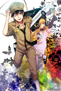 1boy 1girl ;d arms_up black_butterfly black_hair black_neckwear blonde_hair blowing_bubble_gum blowing_bubbles brown_pants brown_shirt bug butterfly chewing_gum controller daiya_moond dress gunjou_no_magmell hat headphones headset highres insect inyou_(gunjou_no_magmell) long_hair long_sleeves machine medal necktie one_eye_closed open_mouth pants pink_dress shirt smile standing white_legwear zero_(gunjou_no_magmell)