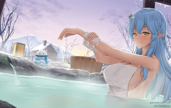 1girl ahoge bare_shoulders bath blue_hair blush breasts cleavage daifuku_(yukihana_lamy) elf heart heart_ahoge hololive jmc5221 large_breasts mountain naked_towel onsen partially_submerged pointy_ears sideboob snow solo_focus towel tree virtual_youtuber yellow_eyes yukihana_lamy