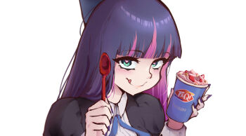 1girl absurdres blue_bow blue_hair blunt_bangs bow brand_name_imitation colored_inner_hair commentary cup dairy_queen english_commentary food frozen_yogurt fruit hair_bow highres holding holding_cup holding_spoon mosboru multicolored_hair panty_&amp;_stocking_with_garterbelt pink_hair portrait purple_nails signature solo spoon stocking_(psg) strawberry tongue tongue_out two-tone_hair