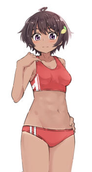 1girl absurdres black_hair buruma dark-skinned_female dark_skin food-themed_hair_ornament hair_ornament highres k-go lemon_hair_ornament looking_at_viewer make_heroine_ga_oo_sugiru! purple_eyes red_buruma red_sports_bra short_hair simple_background solo sports_bikini sports_bra tan tanline white_background yakishio_lemon