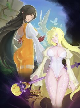 2girls absurdres ass bird black_choker blonde_hair bodysuit breasts brick_wall brown_eyes brown_hair choker cleavage commentary_request cowboy_shot dual_persona final_fantasy final_fantasy_ix garnet_til_alexandros_xvii gloves hair_between_eyes highleg highleg_leotard highres holding holding_staff juliet_sleeves large_breasts leotard long_hair long_sleeves messa_mo multiple_girls orange_bodysuit plant plunging_neckline puffy_sleeves red_gloves shirt shrug_(clothing) staff thigh_gap thigh_strap trance_garnet_til_alexandros_xvii twitter_username vines white_leotard white_shirt yellow_eyes yellow_shrug