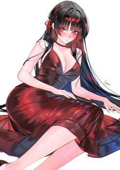 1girl alternate_costume arm_support bare_shoulders black_choker black_hair blush breasts chisa_(wuthering_waves) choker chromatic_aberration cleavage closed_mouth collarbone commentary corrupted_twitter_file dress english_commentary hair_ribbon highres long_dress long_hair looking_at_viewer medium_breasts mole mole_under_eye red_dress red_eyes red_ribbon ribbon sanya_(sanya_lox228) signature simple_background solo very_long_hair white_background wuthering_waves
