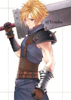 1boy black_pants black_sweater blonde_hair blue_eyes buster_sword cloud_strife commentary_request cowboy_shot final_fantasy final_fantasy_vii highres male_focus pants simple_background single_shoulder_pad solo sweater white_background yosaku_vs_hina