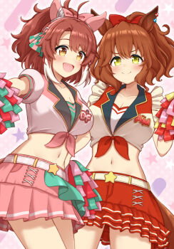 2girls :d absurdres ahoge alternate_costume animal_ears aston_machan_(umamusume) belt blush bow breasts brown_eyes brown_hair checkered_ribbon cheerleader cleavage closed_mouth collarbone colored_tips commentary_request cosplay cowboy_shot cropped_shirt dantsu_flame_(umamusume) ear_covers ear_ornament ear_ribbon genkai_made_pom_pon!! green_eyes hair_between_eyes hair_bow hair_ornament highres hokutoro64 holding holding_pom_poms horse_ears horse_girl horse_tail initial large_breasts looking_at_viewer medium_hair midriff miniskirt multicolored_hair multiple_girls navel open_mouth pink_background pink_bow pink_shirt pink_skirt pom_pom_(cheerleading) pom_poms ponytail red_bow red_skirt sakura_bakushin_o_(red-hot_leader)_(umamusume) sakura_bakushin_o_(umamusume) sakura_bakushin_o_(umamusume)_(cosplay) shirt short_sleeves skirt sleeveless sleeveless_shirt smile star_(symbol) tail tied_shirt umamusume white_belt white_hair white_shirt