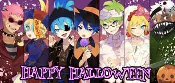 1girl 6+boys absurdres bandaged_head bandaged_neck bandaged_torso bandages black_eyes blonde_hair blue_eyes blue_hair blue_streaks bridal_veil bride c: candy choker claw_pose collar cosplay dark-skinned_male dark_skin donut dress earrings elbow_gloves eyepatch fangs food friday_the_13th glasses gloves green_hair green_shirt grin hair_between_eyes halloween_costume happy_halloween hat hat_feather head_tilt highres holding holding_candy holding_food holding_lollipop humanization iggy_koopa jacket jason_voorhees jason_voorhees_(cosplay) jewelry jiangshi jiangshi_costume koopalings larry_koopa lemmy_koopa lollipop looking_at_another looking_at_viewer ludwig_von_koopa lzesmelt male_focus mario_(series) mask mask_on_head morton_koopa_jr. multiple_boys nintendo no_pupils one_eye_closed partially_unbuttoned pearl_earrings pink-framed_eyewear pink_hair pirate pirate_hat red_jacket roy_koopa scar scar_across_eye scar_on_face semi-rimless_eyewear sharp_teeth shirt short_hair smile spiked_collar spikes striped_clothes striped_shirt sunglasses swirl_lollipop teeth unworn_mask upper_body veil wendy_o._koopa white_choker white_dress white_gloves white_hair white_shirt