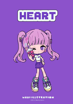 1girl blush chibi choker closed_mouth commentary cup disposable_cup drinking_straw english_commentary hand_on_own_hip heart highres holding holding_cup long_hair looking_at_viewer neki_(wakiko) one_eye_closed original pink_socks purple_background purple_choker purple_eyes purple_hair purple_shoes purple_skirt shirt shoes short_sleeves simple_background skirt socks solo standing twintails white_shirt