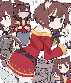 1girl :< :d =_= animal animal_ear_fluff animal_ears artist_name asymmetrical_legwear bandaged_leg bandages bare_shoulders belt black_belt black_choker black_dress black_gloves black_thighhighs blush blush_stickers bright_pupils brown_hair bucket c: cat_ears cat_girl cat_tail choker clenched_hand closed_eyes closed_mouth commentary crossed_arms curled_fingers dot_mouth dress fish fish_in_bucket from_side gloves hair_between_eyes hair_over_shoulder hand_on_own_chin hat highres holding holding_animal holding_bucket holding_fish kemonomimi_mode kono_subarashii_sekai_ni_shukufuku_wo! leg_up long_sleeves looking_at_viewer megumin mismatched_legwear multiple_views off-shoulder_dress off_shoulder open_mouth outline partially_colored paw_pose paw_print paw_print_background raised_eyebrows reaching reaching_towards_viewer red_eyes short_dress short_hair short_hair_with_long_locks sidelocks signature simple_background single_thighhigh skindentation skmr_neo smile solo_focus squatting standing standing_on_one_leg tail thighhighs v-shaped_eyebrows white_background white_outline witch_hat yellow_trim zettai_ryouiki
