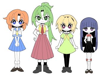 4girls blonde_hair blue_eyes blue_hair blunt_bangs bobby_socks boots bow bow_legwear bowtie collared_shirt dmebgsa3 dress full_body furude_rika green_eyes green_hair hairband hand_on_own_hip hashtag-only_commentary higurashi_no_naku_koro_ni houjou_satoko jaggy_lines long_hair looking_at_viewer multiple_girls neckerchief necktie orange_hair own_hands_together parted_bangs pleated_skirt purple_eyes ryuuguu_rena sailor_dress school_uniform serafuku shirt short_hair short_sleeves skirt smile socks sonozaki_mion straight-on suspender_skirt suspenders very_long_hair vest