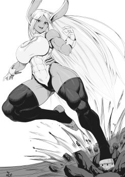 1girl :d absurdres animal_ears bare_shoulders biceps boku_no_hero_academia breaking breasts commission covered_abs covered_navel crescent_print dark-skinned_female dark_skin debris full_body fur_collar gloves greyscale highleg highleg_leotard highres large_breasts leotard long_eyelashes long_hair looking_to_the_side mirko monochrome muscular muscular_female open_mouth parted_bangs rabbit_ears rabbit_girl signature sleeveless_turtleneck_leotard smile solo speedl00ver standing standing_on_one_leg taut_leotard thick_thighs thighhighs thighs very_long_hair white_gloves white_hair white_leotard
