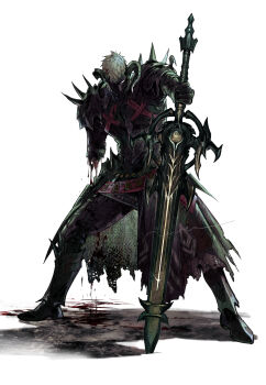 1boy amputee armor au_ra blank_eyes bleeding blood broken_horn final_fantasy final_fantasy_xiv full_body highres holding holding_sword holding_weapon horns injury male_focus natsu_(rodysanp) pauldrons short_hair simple_background solo spiked_pauldrons spikes standing sword very_short_hair weapon white_background