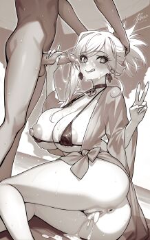 1boy 1girl absurdres beach bikini bikini_top_only bottomless cum cum_in_pussy cum_on_body dynamitenatalia eyelashes facial fate/grand_order fate_(series) grabbing_another&#039;s_head highres miyamoto_musashi_(fate) monochrome nipples sand solo_focus swimsuit tongue tongue_out v