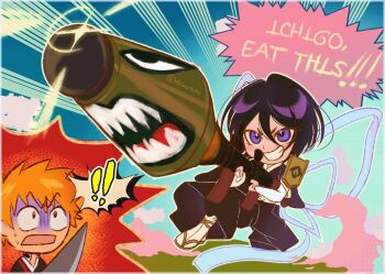 1boy 1girl black_hair bleach commentary english_commentary fortnite gun highres holding holding_bazooka holding_rocket_launcher holding_weapon kuchiki_rukia kurosaki_ichigo m1rimorinku missile orange_hair rocket rocket_launcher rpg_(weapon) weapon