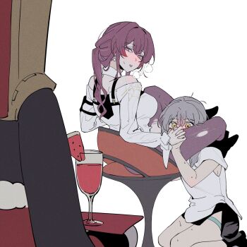 1other 2girls after_cunnilingus chair commentary_request cup d0600059994959 drink food fruit grey_hair head_between_thighs highres holding holding_hands holding_tray honkai:_star_rail honkai_(series) kafka_(honkai:_star_rail) kneeling korean_commentary long_hair multiple_girls on_chair pantyhose pom-pom_(honkai:_star_rail) ponytail purple_eyes purple_hair purple_pantyhose pussy_juice pussy_juice_on_face shirt sitting stelle_(honkai:_star_rail) trailblazer_(honkai:_star_rail) tray walk-in watermelon watermelon_slice white_shirt yellow_eyes yuri