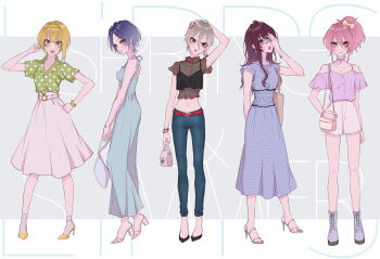 5girls alternate_costume aqua_dress blonde_hair blue_dress blue_hair brown_hair casual collarbone commentary_request crop_top cropped_shirt denim double-parted_bangs dress earrings full_body green_shirt grey_hair hair_between_eyes hayami_kanade high_heels highres ichinose_shiki idolmaster idolmaster_cinderella_girls jeans jewelry jougasaki_mika lineup lipps_(idolmaster) looking_at_viewer miyamoto_frederica multiple_girls navel off-shoulder_shirt off_shoulder ohagi_(ymnky) pants pink_hair polka_dot polka_dot_shirt ponytail see-through_clothes see-through_shirt shiomi_syuko shirt shorts single_sidelock skirt stomach straight_hair text_background white_shorts white_skirt