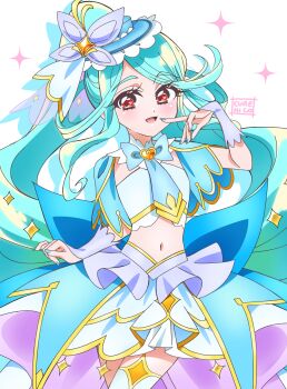 1girl back_bow blue_bow blue_capelet blue_hair blue_hat blue_nails blue_wrist_cuffs blush bow brooch butterfly_hat_ornament capelet cowboy_shot cure_eclair cure_nico dot_nose fingernails hat hat_ornament heart heart_brooch heart_in_eye highres jewelry large_bow layered_skirt long_hair looking_at_viewer magical_girl meitantei_precure! midriff mini_hat mini_top_hat navel open_mouth precure red_eyes signature simple_background skirt smile solo standing symbol_in_eye thighhighs top_hat white_background white_thighhighs wrist_cuffs