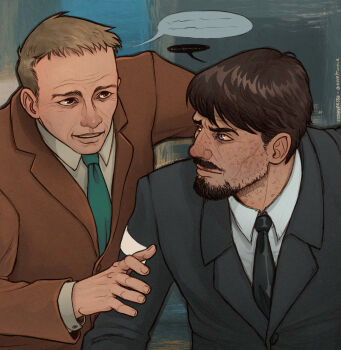 Rule 34 | 2boys, beard, black jacket, black necktie, blue necktie, brown jacket, collared shirt, commentary, crow's feet, disco elysium, english commentary, facial hair, freckles, hand on another's arm, highres, jacket, jean vicquemare, male focus, multiple boys, necktie, shirt, speech bubble, ssshiversss, suit jacket, talking, trant heidelstam, upper body, white shirt, wrinkled skin