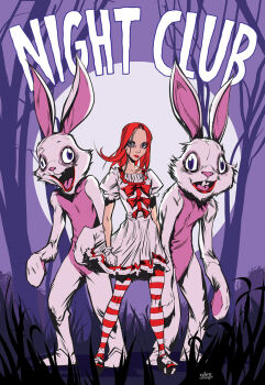 1girl adam_archer alice's_adventures_in_wonderland artist_name bags_under_eyes bow candy_coated_suicide cartoonized commentary dress emily_kavanaugh english_commentary furry gloves group_name heart highres mary_janes moon night_club_(band) official_art parody poster_(medium) rabbit_girl real_life red_bow red_hair second-party_source shoes signature striped_leggings toon_(style) tree white_dress yami_kawaii