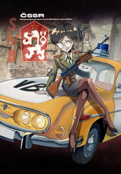 1girl absurdres arm_up assault_rifle belt black_shirt black_shoes brown_belt brown_jacket brown_pantyhose car cold_war collared_shirt czech_text czechoslovak_army czechoslovakia finger_on_trigger full_body glasses green_necktie gun heraldry high_heels highres holding holding_gun holding_weapon jacket lapels long_sleeves looking_at_viewer monochrome_background motor_vehicle necktie nico_jiang notched_lapels official_art on_car open_mouth pantyhose police police_car police_uniform policewoman red_star rifle round_eyewear shirt shoes shoulder_boards sitting sitting_on_object skorpion_vz._61 star_(symbol) submachine_gun tatra tatra_t613 tsurime vz._58 we_love_cold_war weapon yellow_car