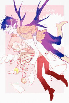 Rule 34 | 2boys, adventure time, beaker, bespectacled, black pants, black sclera, book, boots, border, breast pocket, carrying, carrying person, coat, collared shirt, colored sclera, commentary, copyright name, english commentary, flying, genderswap, genderswap (ftm), glasses, grey shirt, grin, holding, holding book, lab coat, male focus, marshall lee, multiple boys, open mouth, pants, paper, pink hair, plaid clothes, plaid shirt, pocket, pointy ears, prince gumball, red eyes, sharp teeth, shirt, shishio (shishio5431), shoes, sideburns, sleeves rolled up, smile, sweater vest, teeth, vampire, white border, white coat, wing collar, wings