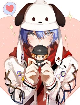 1boy aoyagi_touya grey_hair heart highres holding_puppet hood hoodie jacket light_blush looking_at_viewer multicolored_hair project_sekai puppet red_hoodie sanrio sayuu_ananooo shinonome_akito sparkle speech_bubble white_jacket