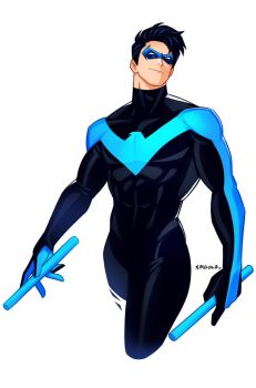 1boy artist_name batman_(series) baton_(weapon) black_bodysuit black_hair blue_bodysuit bodysuit dc_comics dick_grayson domino_mask eye_mask highres holding holding_weapon male_focus mask multicolored_bodysuit muscular muscular_male nightwing short_hair simple_background smgold solo superhero_costume two-tone_bodysuit weapon white_background