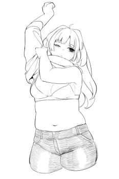 1girl ahoge black_eyes blunt_bangs bra breasts cropped_legs denim dressing expressionless hair_intakes hand_up highres jeans long_hair looking_to_the_side medium_breasts monochrome nimo_(b45ui) one_eye_closed original pants plump pulling sketch stomach sweater underwear white_background