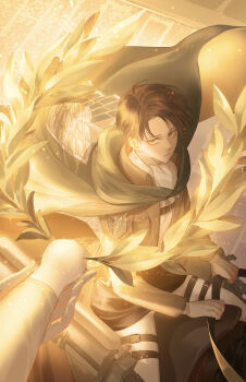 1boy 1other ascot black_hair branch brown_jacket clenched_hand cloak commentary cropped_jacket english_commentary green_cloak highres holding holding_branch holding_reins horseback_riding jacket laurel_crown levi_(shingeki_no_kyojin) lilypsiren looking_at_viewer male_focus military_jacket outstretched_arm pants parted_bangs parted_lips reins riding shingeki_no_kyojin shirt short_hair solo survey_corps_(emblem) white_ascot white_pants white_shirt