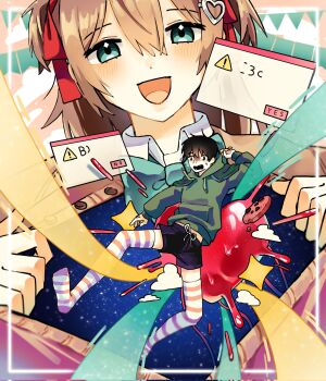 Rule 34 | 1boy, 1girl, black hair, black shoes, blue eyes, bow, bowtie, cardigan, commentary, cookie, english commentary, food, full body, green bow, green bowtie, green hoodie, hair between eyes, hair ornament, hair ribbon, heart, heart hair ornament, highres, hood, hoodie, long hair, long sleeves, neuro-sama, no shoes, open cardigan, open clothes, open mouth, owo uou, personification, red ribbon, ribbon, shirt, shoes, short hair, striped clothes, striped thighhighs, thighhighs, vedal987, vedal ai, virtual youtuber, white shirt, yellow cardigan